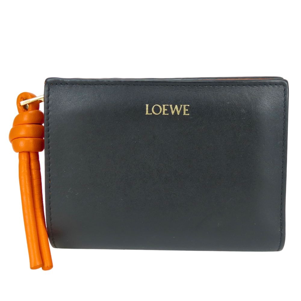 【中古】 ロエベ 二つ折り財布 ノットコンパクト シャイニー バイカラー レザー ブラック オレンジ コンパクトウォレット 普段使い 小物 レディース 女性 LOEWE
