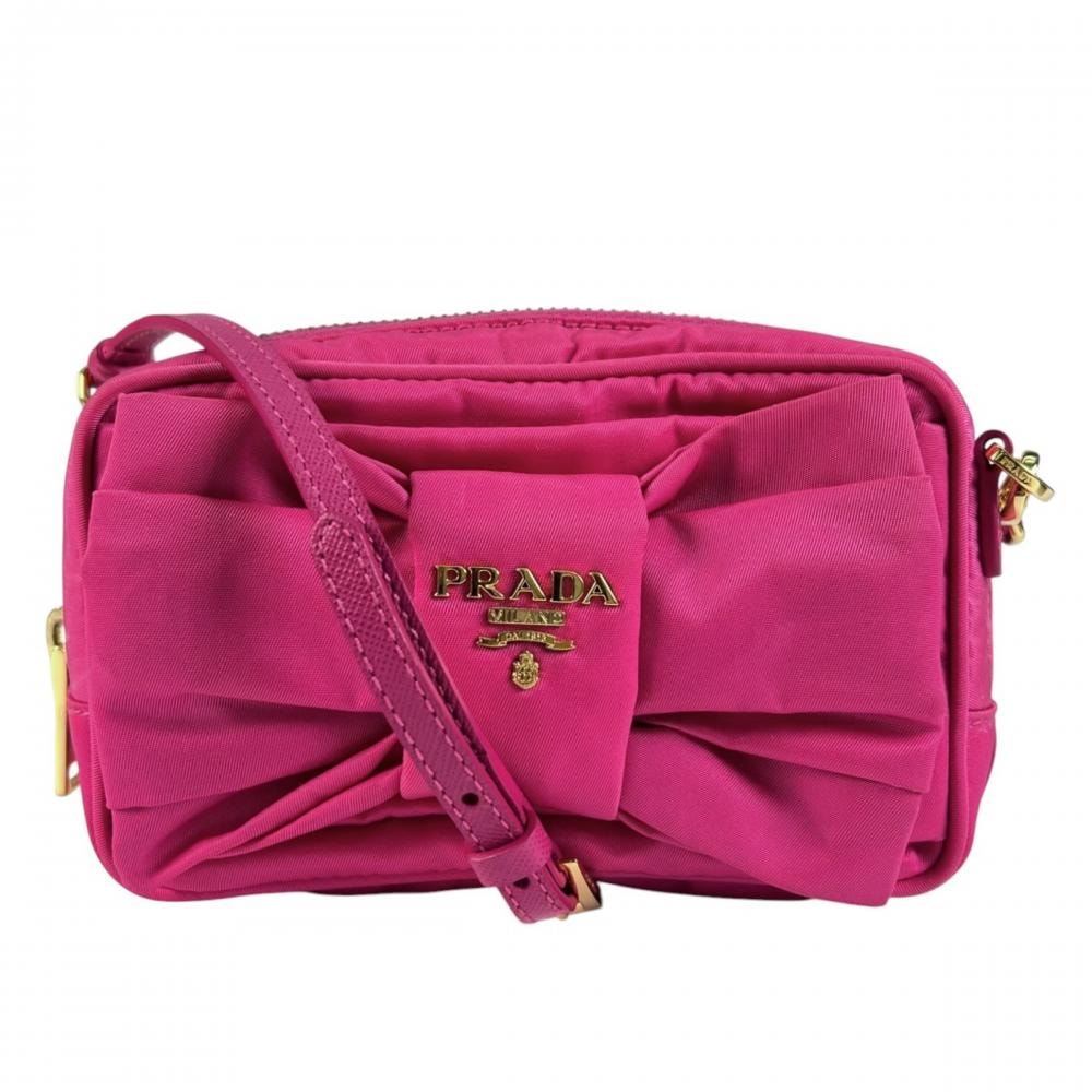 PRADA プラダ ショルダーバッグ テスート フィオッコ リボン 斜め掛け 1N1727 ナイロン    ピンク ゴールド金具 レディース【中古品】
