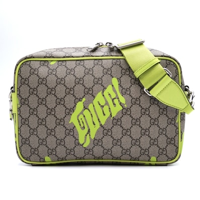 GUCCI(グッチ)GGスプリーム GUCCIプリント ショルダーバッグ クロスボディバッグ ベージュ ネオンイエロー PVC レザー シルバー金具 斜め掛け ユニセックス【中古】