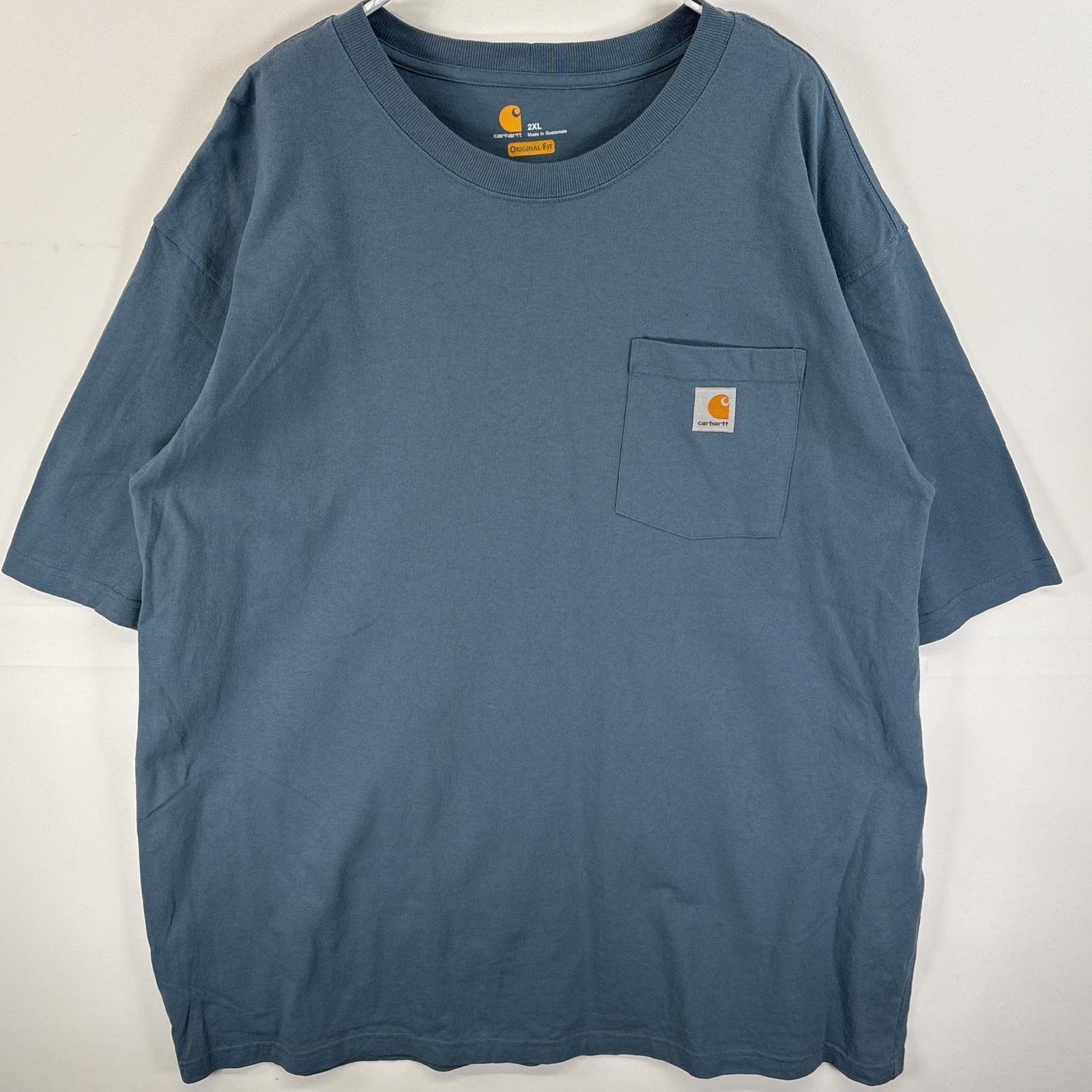 古着 カーハート Carhartt 半袖Tシャツ 胸ポケ ワンポイント ロゴ 大きいサイズ 2XL  水色系 無地 メンズ