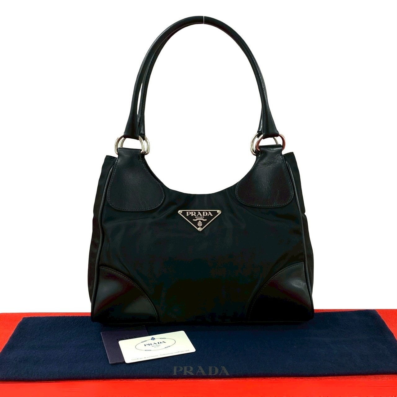 PRADA プラダ 三角ロゴ 金具 ナイロン レザー ハンドバッグ ブラック
 35594