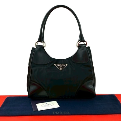 PRADA プラダ 三角ロゴ 金具 ナイロン レザー ハンドバッグ ブラック
35594