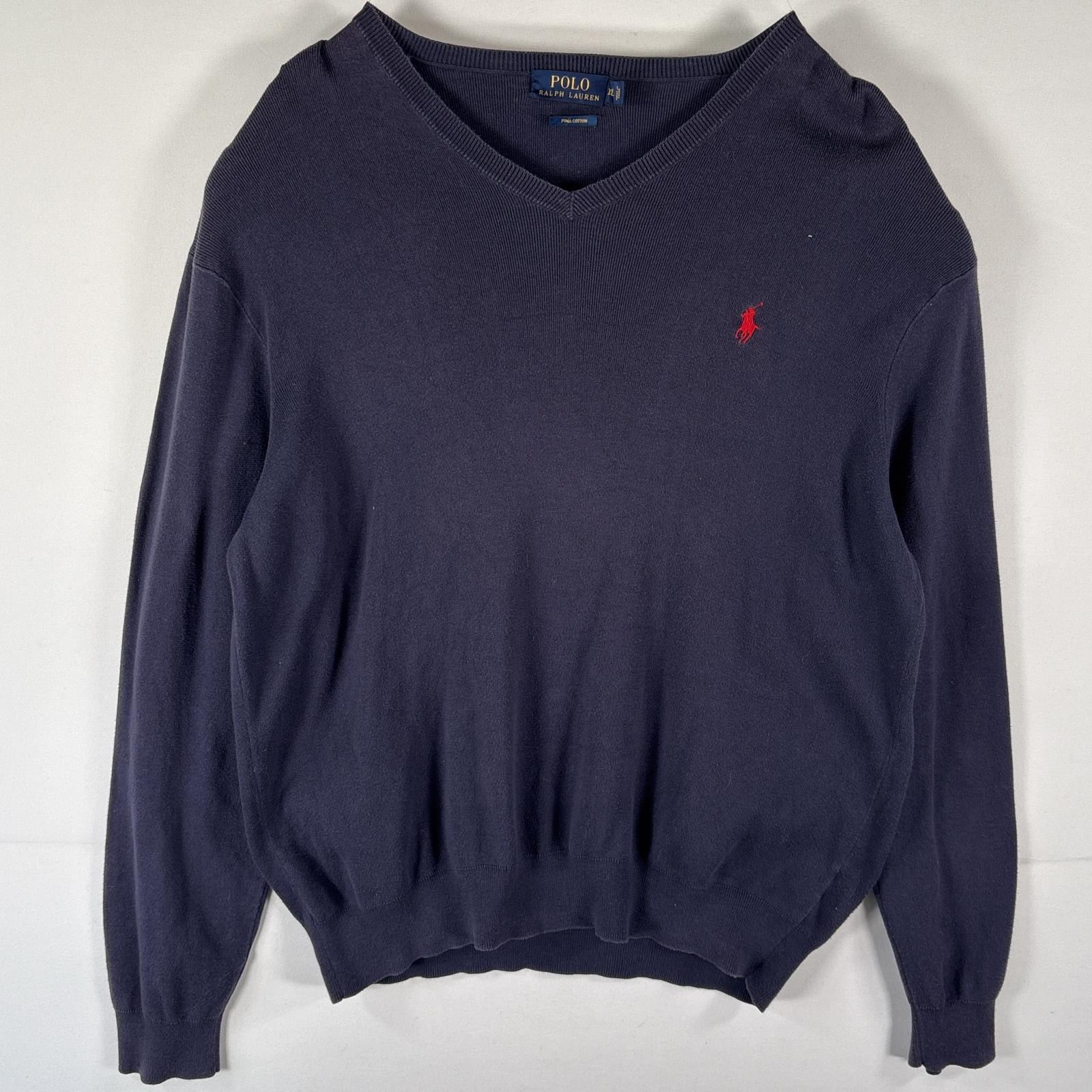 古着 ポロ・ラルフローレン POLO RALPH LAUREN コットンニットセーター Vネック 大きいサイズ ワンポイントロゴ刺繍 XL  ネイビー メンズ