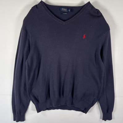 古着 ポロ・ラルフローレン POLO RALPH LAUREN コットンニットセーター Vネック 大きいサイズ ワンポイントロゴ刺繍 XL ネイビー メンズ