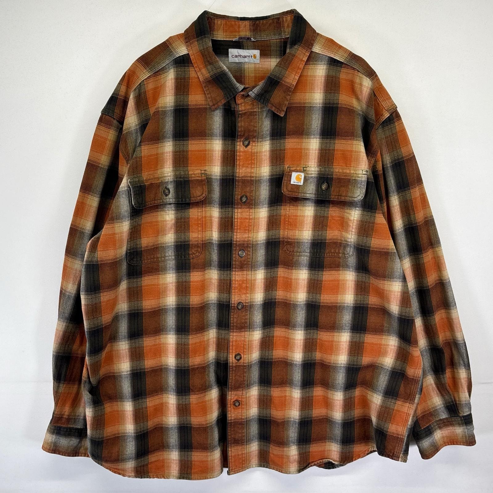 古着 カーハート Carhartt 長袖シャツ 胸ポケット ワンポイントロゴ 大きいサイズ チェック柄 オンブレ 2XL  オレンジ系 メンズ