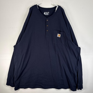 古着 カーハート Carhartt 長袖Tシャツ ヘンリーネック ワンポイント ロゴ 大きいサイズ 肉厚 3XL ネイビー 無地 メンズ