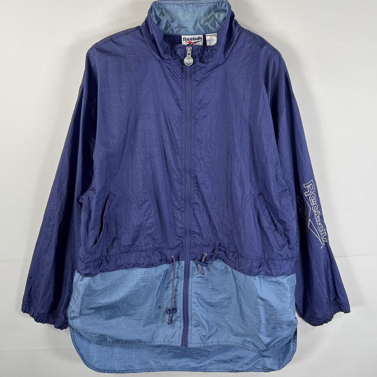 古着 90's/90年代 リーボック Reebok ナイロンジャケット フルジップ 絞りあり 裏地メッシュ ビッグロゴ刺繍 M  ブルー系 メンズ