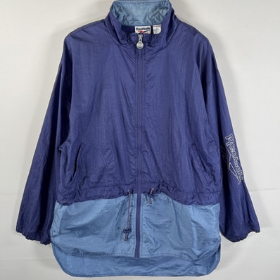 古着 90's/90年代 リーボック Reebok ナイロンジャケット フルジップ 絞りあり 裏地メッシュ ビッグロゴ刺繍 M ブルー系 メンズ