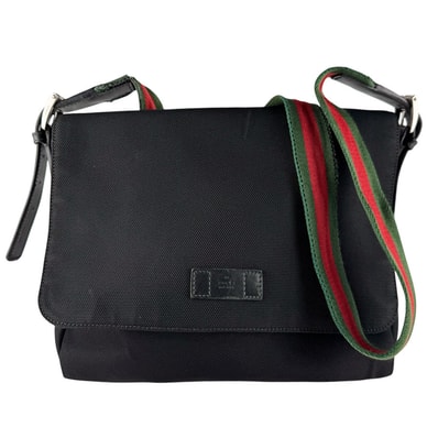 グッチ GUCCI ショルダーバッグ キャンバス ブラック/グリーン/レッド シルバー メンズ 337074【中古】 z10170