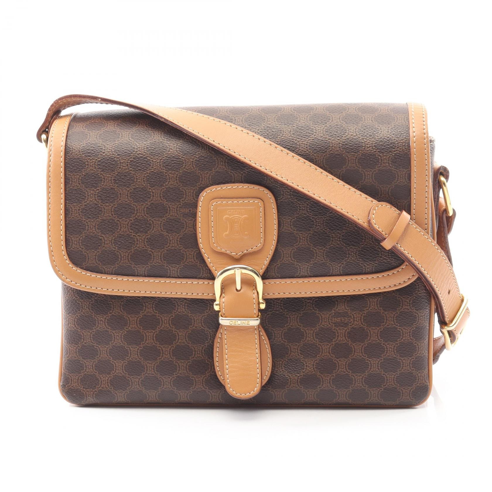 セリーヌ CELINE マカダム ショルダーバッグ バッグ PVCコーティングキャンバス レザー レディース ブラウン系 【中古】