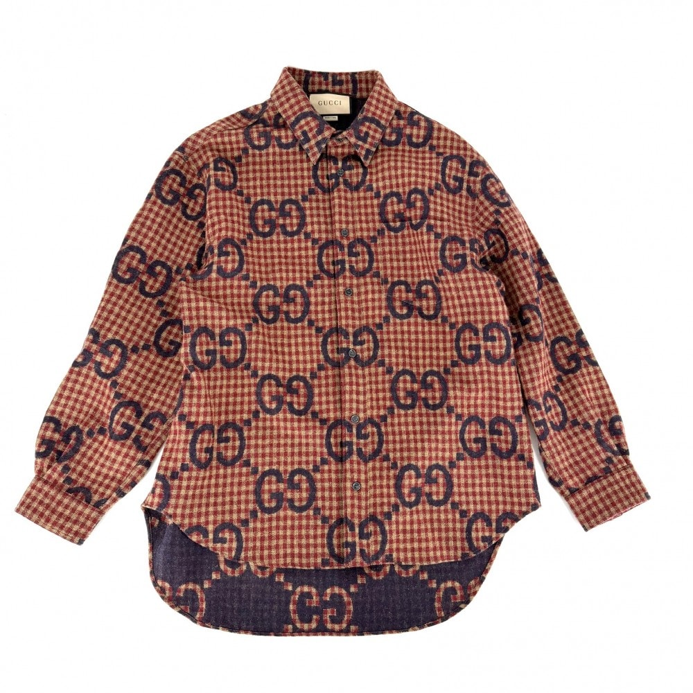 GUCCI グッチ 長袖シャツ マキシGG ギンガムチェック トップス アパレル 服 50 756842 レッド 赤 ベージュ ウール メンズ 秋 冬 美品【中古品】