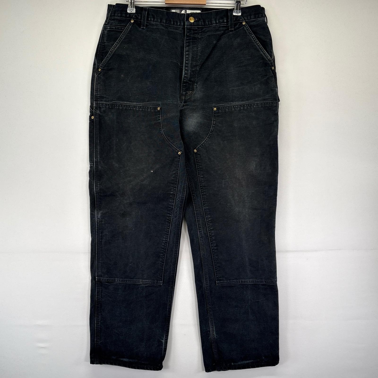 古着 カーハート Carhartt USA製 ダック パンツ ペインターパンツ ダブルニー ワンポイント ルーズフィット W38 L32  ブラック系 メンズ