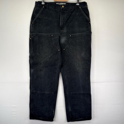古着 カーハート Carhartt USA製 ダック パンツ ペインターパンツ ダブルニー ワンポイント ルーズフィット W38 L32 ブラック系 メンズ