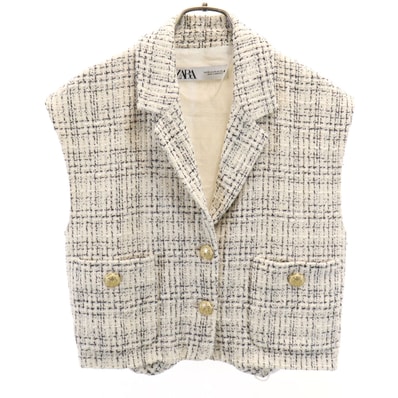 ZARA ザラ チェック柄 ノースリーブ ツイード ジャケット XS ホワイト系