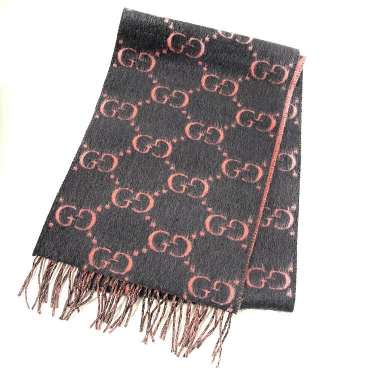 グッチ アルパカ ウール GG マフラー グレー ピンク フリンジ GUCCI 正規品【鑑定済み】