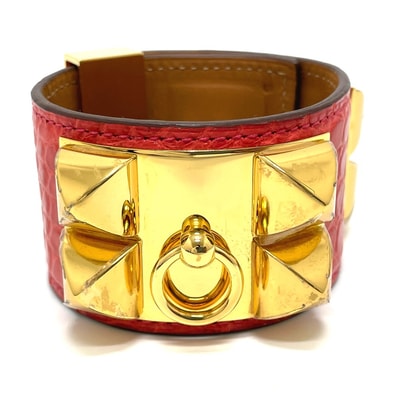 エルメス HERMES コリエドシアン バングル アクセサリー ブレスレット レザー □P刻印刻 ブーゲンビリア レッド系×ゴールド金具 美品