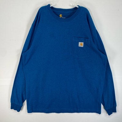 古着 カーハート Carhartt 長袖Tシャツ ワーク 肉厚 ワンポイント ロゴ 胸ポケ L ブルー系 無地 メンズ