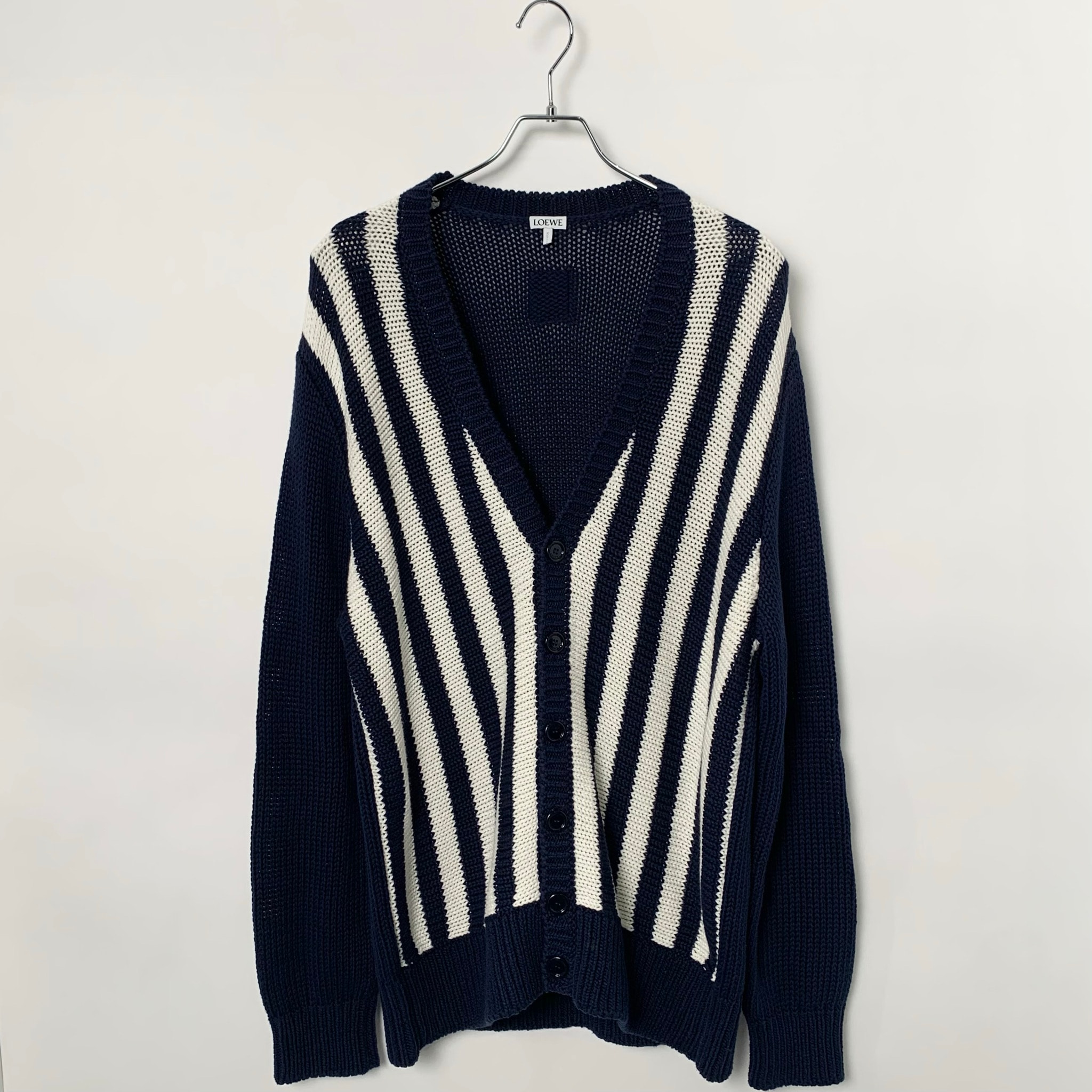 LOEWE Striped V-Neck Cardigan Navy×White