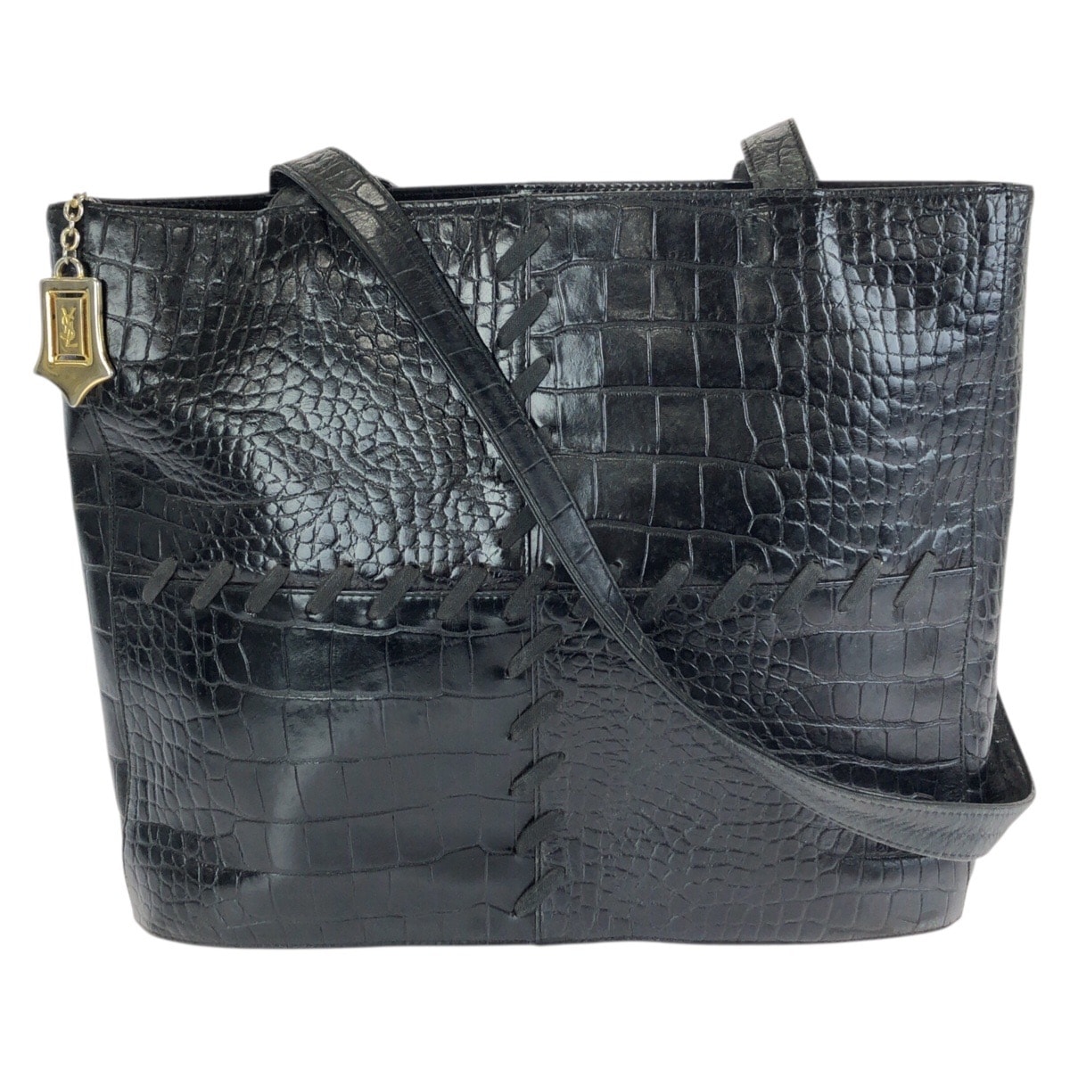 YVES SAINT LAURENT イヴ サンローラン ヴィンテージ YSL 型押し ブラック 黒 ゴールド金具 レザー トートバッグ ショルダーバッグ 603359 【中古】