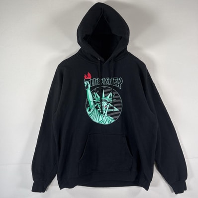 古着 スラッシャー THRASHER パーカー プルオーバー フーディ スウェット スケーター ストリート 自由の女神 M ブラック メンズ