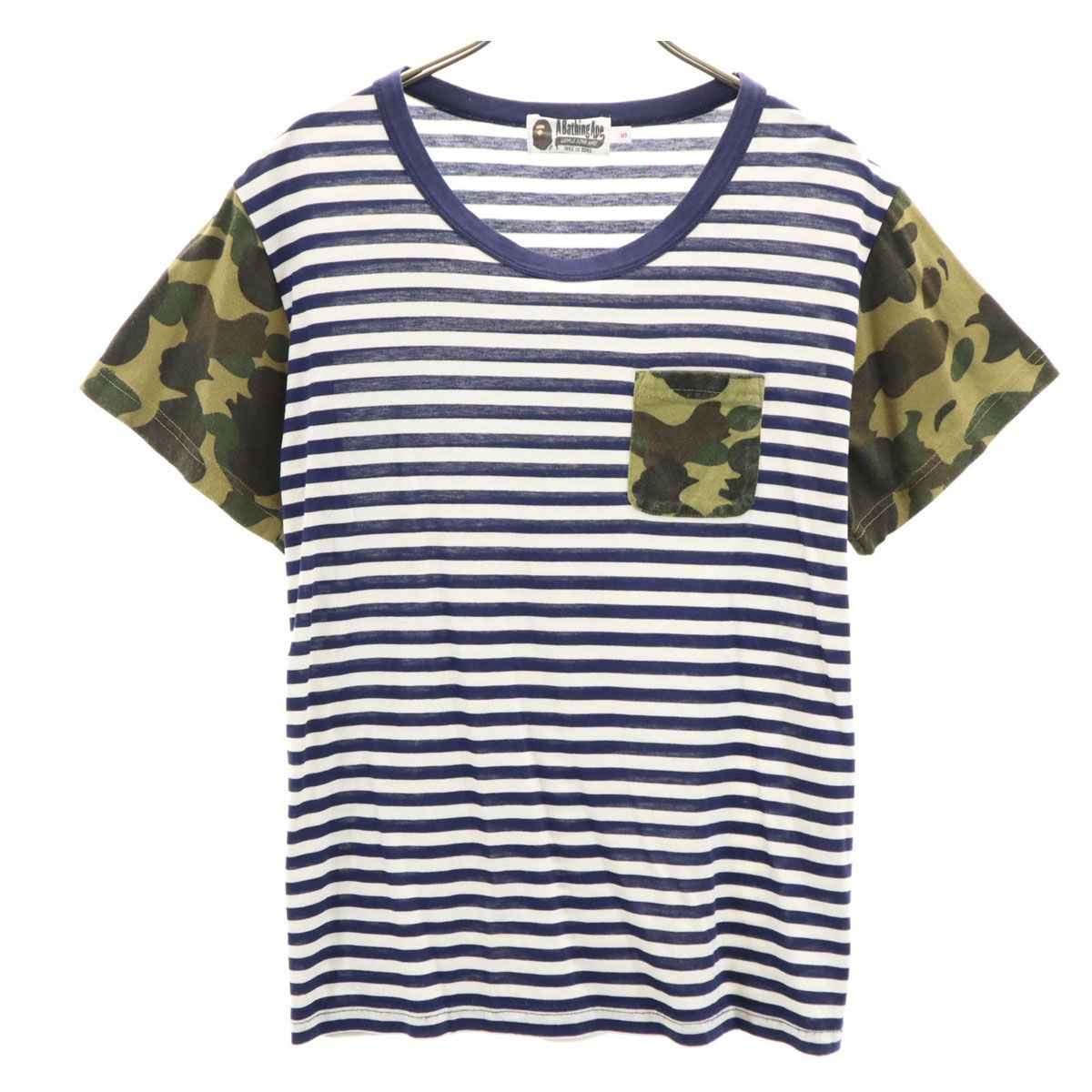 A BATHING APE アベイシングエイプ ボーダー カモフラ柄 半袖 Tシャツ S ネイビー