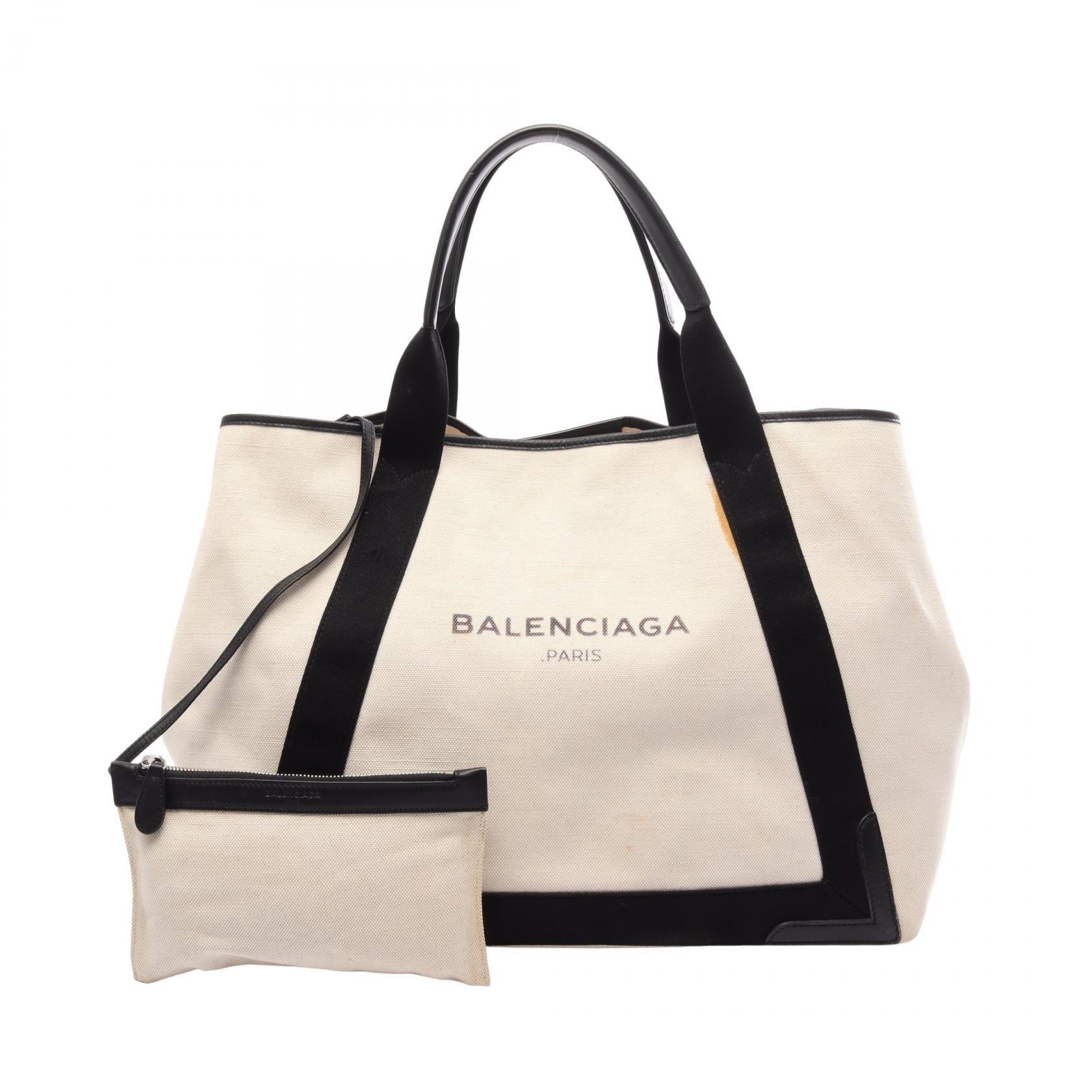 バレンシアガ BALENCIAGA NAVY CABAS ネイビーカバ M トートバッグ バッグ キャンバス レザー レディース ホワイト系 / ブラック系 339936 【中古】