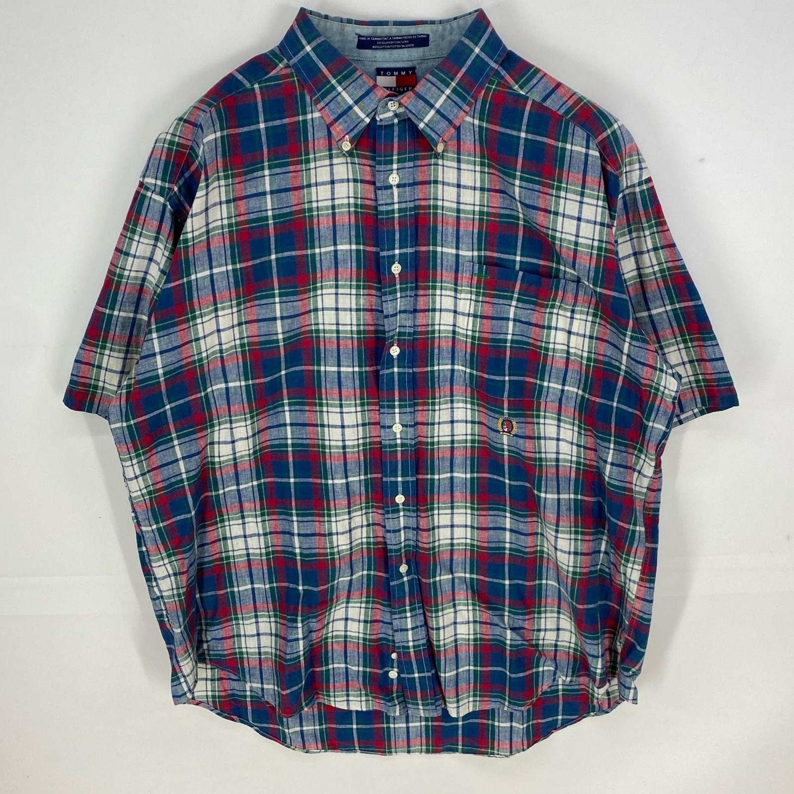 古着 90's/90年代 トミーヒルフィガー TOMMY HILFIGER 半袖シャツ 胸ポケット ボタンダウン XL ブルー系 チェック メンズ