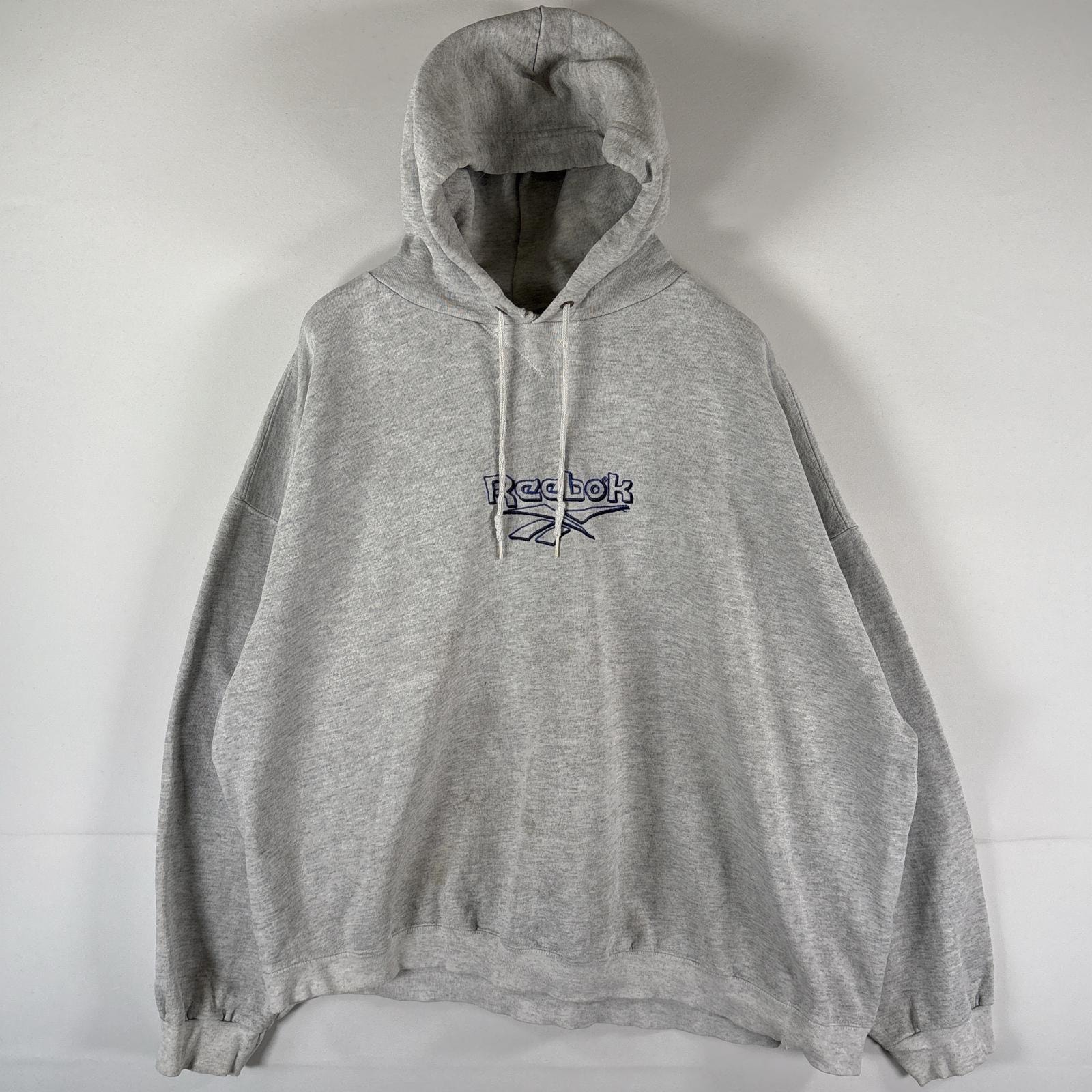 古着 90's/90年代 リーボック Reebok USA製 パーカー プルオーバー フーディ スウェット 大きいサイズ ビッグロゴ刺繍 XL  グレー メンズ