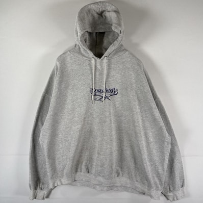 古着 90's/90年代 リーボック Reebok USA製 パーカー プルオーバー フーディ スウェット 大きいサイズ ビッグロゴ刺繍 XL グレー メンズ