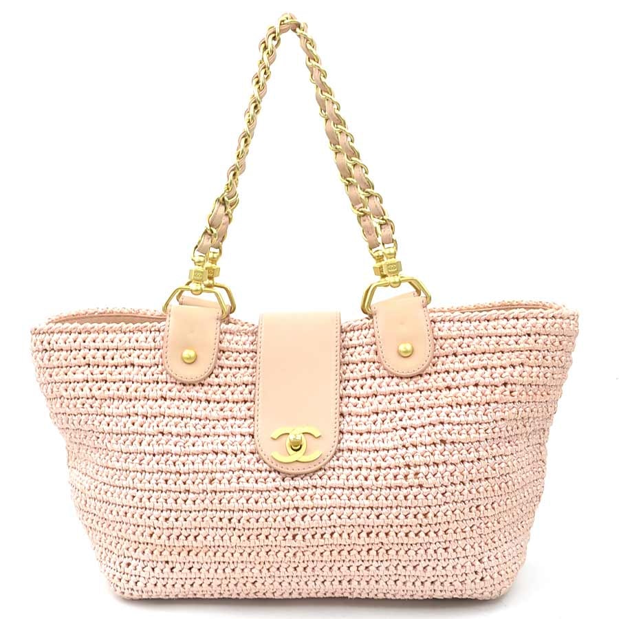 シャネル CHANEL ショルダーバッグ トートバッグ ラフィア/レザー ピンクベージュ ゴールド レディース【中古】 e61544k