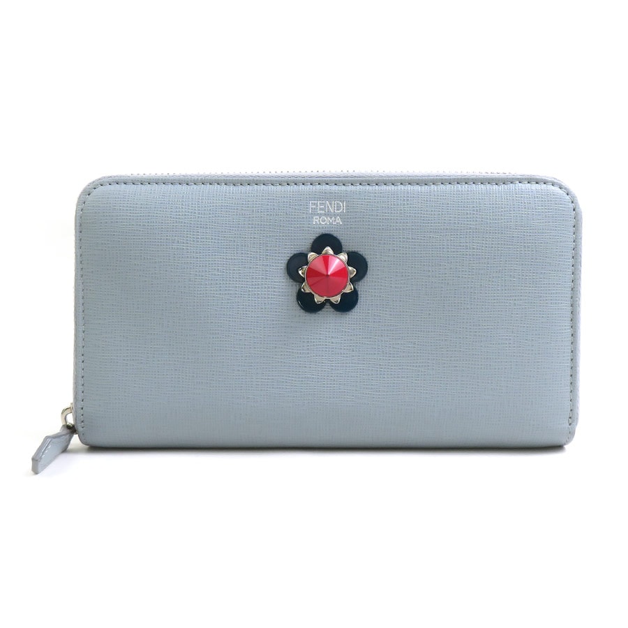 フェンディ FENDI ラウンドファスナー長財布 レザー ライトグレー レディース 8M0299-87H【中古】 h32343a