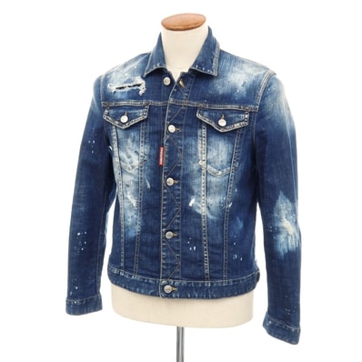 【中古】ディースクエアード DSQUARED2 ダメージ&ブリーチ加工 ストレッチ コットン デニムジャケット ネイビー【サイズ46】【メンズ】