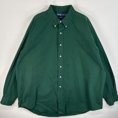 古着 90's/90年代 ラルフローレン RALPH LAUREN 長袖シャツ ワンポイント ロゴ 刺繍 大きいサイズ ボタンダウンシャツ 14041 グリーン 無地 メンズ