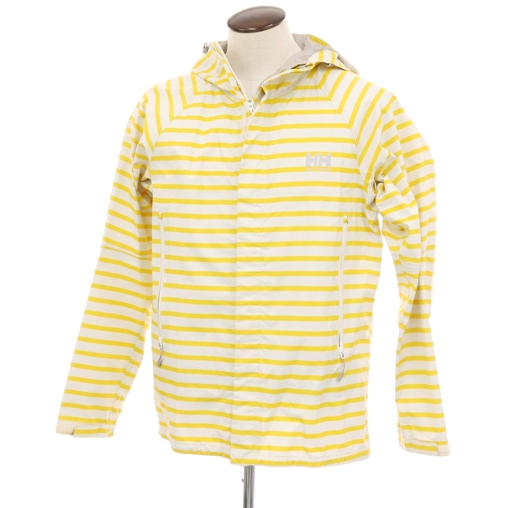 【中古】ヘリーハンセン HELLY HANSEN ナイロン ボーダー フーデッドレインブルゾン ホワイトxイエロー【サイズXL】【メンズ】