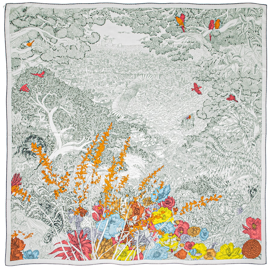 【未使用】HERMES エルメス スカーフ カレ140 カレジェアン Retour a la Nature 自然回帰 243854S 08 ストール ショール 2023SS カシミヤ シルク ホワイト マルチカラー【中古】
