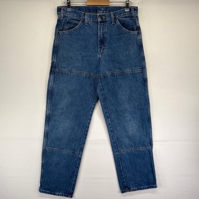 古着 ディッキーズ Dickies デニム パンツ ダブルニー サイドポケット ジップフライ ワンポイントロゴ W32×L32 ブルー系 メンズ