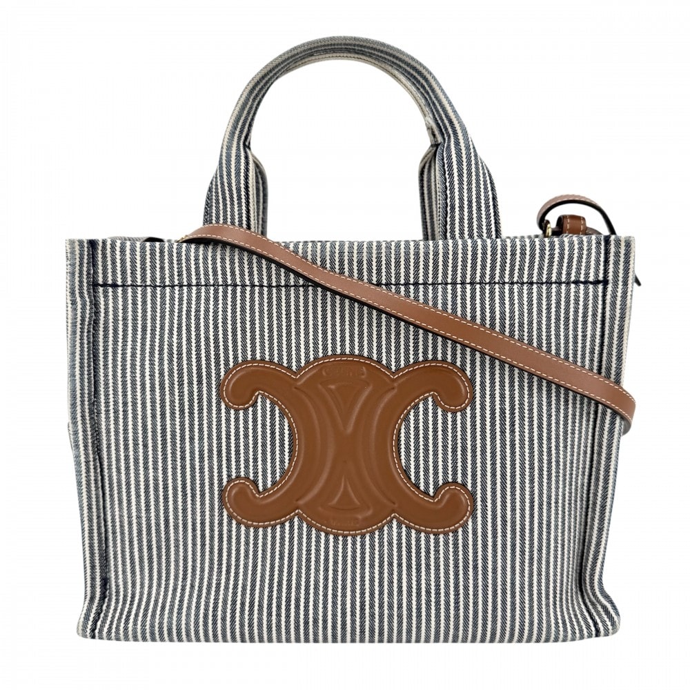 CELINE セリーヌ 2WAY トリオンフ スモール カバ タイス ハンドバッグ ショルダーバッグ 肩掛け 斜め掛け THAIS ストライプ トートバッグ キャンバス    ネイビー 紺 ホワイト 白 ゴールド金具 レディース【中古品】