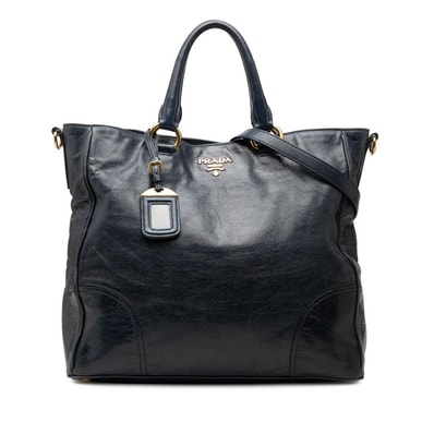 プラダ ヴィッテロシャイン ハンドバッグ 2WAY ショルダーバッグ ネイビー ゴールド レザー レディース PRADA 中古