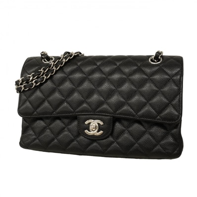 ★最終価格★SALE【6ce6486-h】シャネル ショルダーバッグ マトラッセ Wフラップ Wチェーン キャビアスキン ブラック シルバー金具【中古】レディース