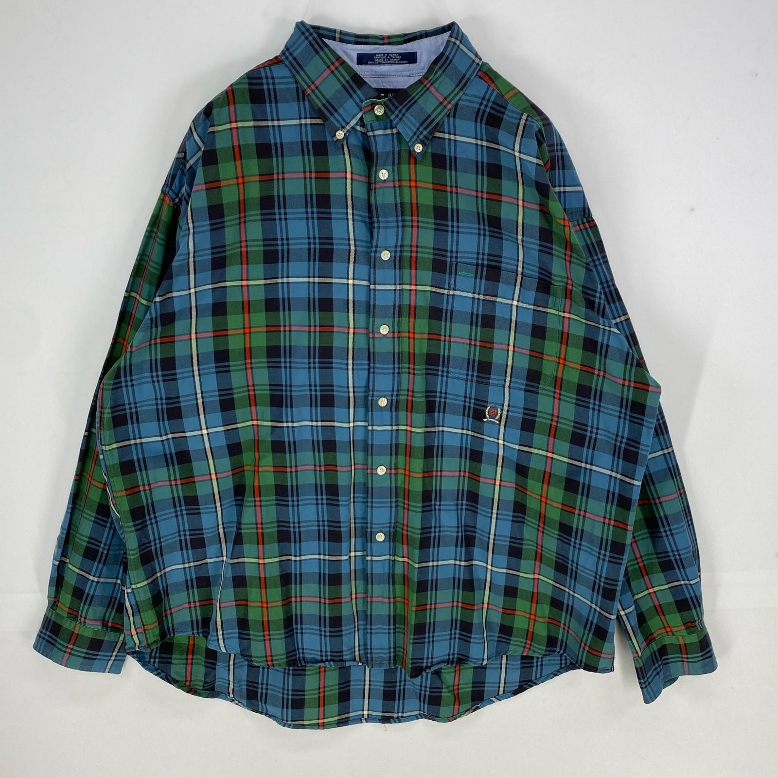 古着 トミーヒルフィガー TOMMY HILFIGER 長袖シャツ ボタンダウン 胸ポケット 刺繍ロゴ 2XL  ブルー系 チェック メンズ