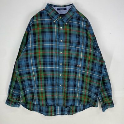 古着 トミーヒルフィガー TOMMY HILFIGER 長袖シャツ ボタンダウン 胸ポケット 刺繍ロゴ 2XL ブルー系 チェック メンズ