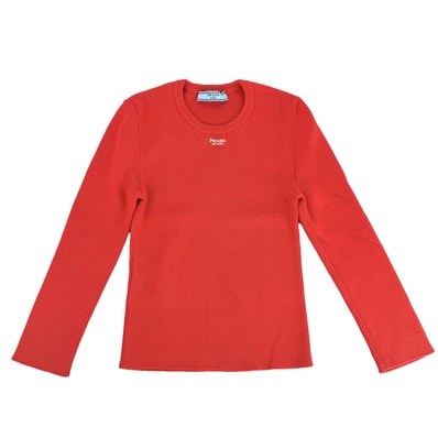 PRADA プラダ ニット ロゴ クロップド 長袖 トップス アパレル 服 36 P24V1P レッド 赤 コットン ポリアミド エラステイン レディース 秋 冬 美品【中古品】