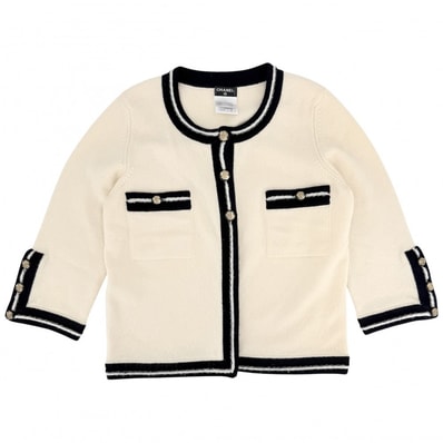 CHANEL シャネル カーディガン ニット ココマーク ココボタン ヴィンテージ アパレル 服 36 P37399K02429 ホワイト 白 ネイビー 紺 ゴールド金具 カシミヤ レディース 春 秋 冬【中古品】