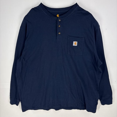 古着 カーハート Carhartt 長袖Tシャツ ワンポイント ヘンリーネック 胸ポケット ロゴ 大きいサイズ 3XL ネイビー系 メンズ