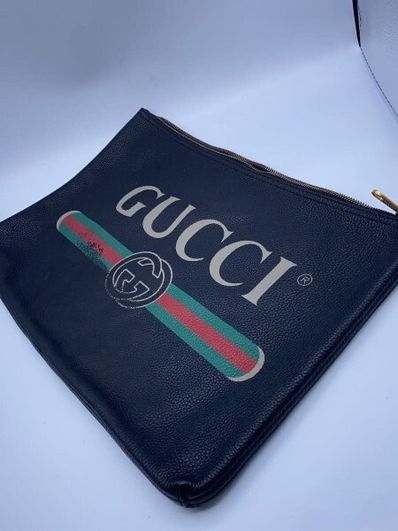 GUCCI Vintage Logo Print Portfolio Leather Clutch Bag "Black"