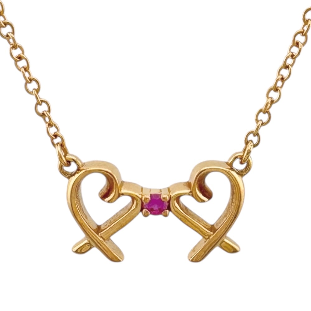 ティファニー ダブルラビングハート ネックレス 18金 K18ピンクゴールド ピンクサファイア レディース TIFFANY&Co. 中古