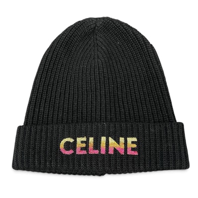 CELINE 極美品 セリーヌ ロゴ エンブロイダリー グラデーション ビーニー ニットキャップ 2A07Z666Q ニット帽 ブラック マルチカラー スパンコール 帽子 Aランク 中古 鑑定済 セリーヌニット帽