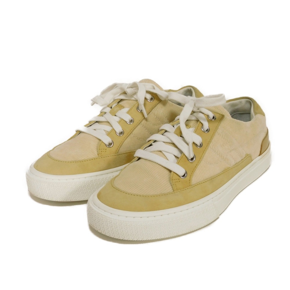 HERMES エルメス ディープ ロートップ 現行 38 Hロゴ スエード カーフ ラバー バイカラー 5ホール ローカット 24.5cm Hマーク エンボス コーデュロイ ベージュ スニーカー 222189Z