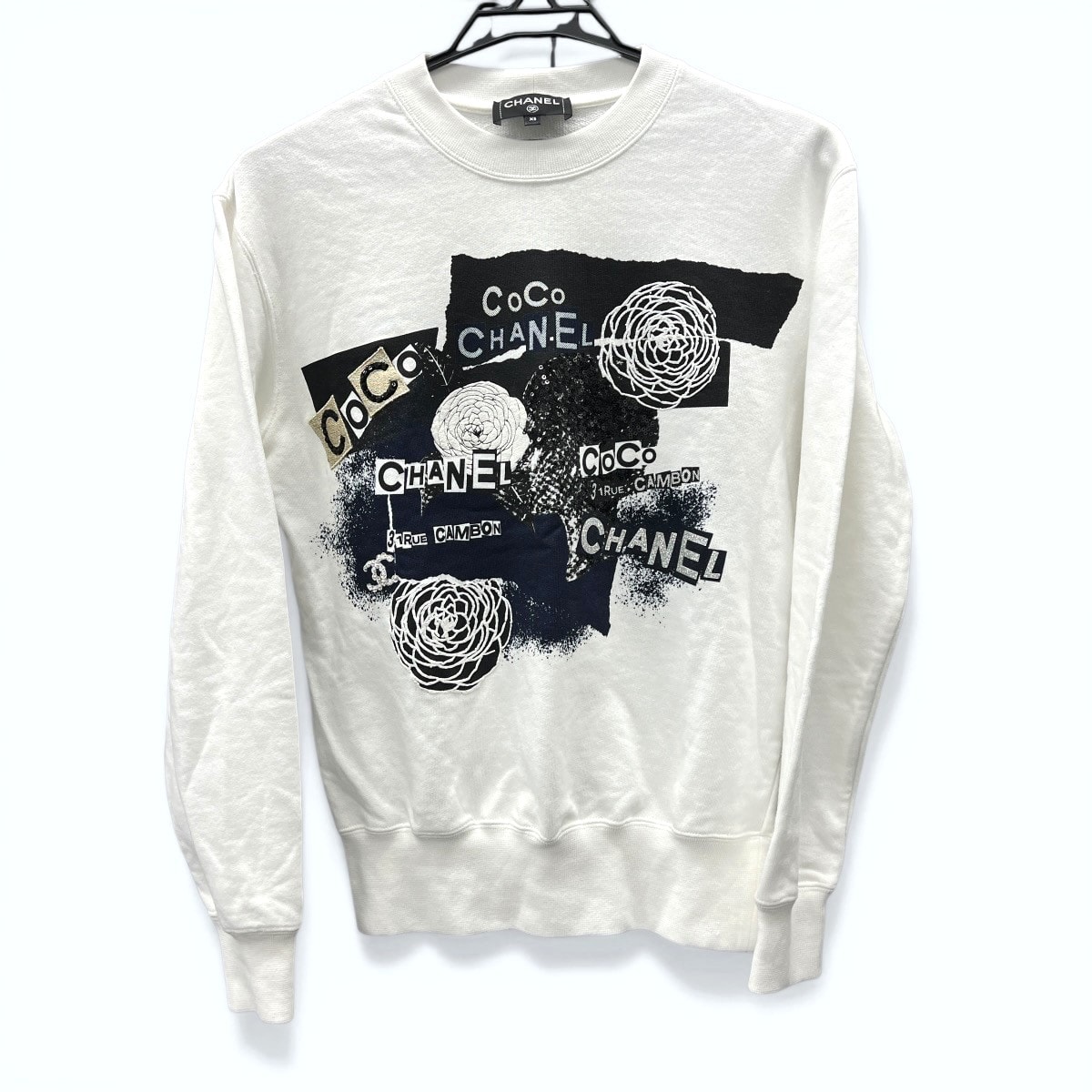 CHANEL 極美品 シャネル 20SS スパンコール カメリア スウェット P63298 K48933 ホワイト ブラック コットン 長袖 トレーナー トップス カットソー ココマーク #XS レディース Aランク 中古 鑑定済 シャネルスウェット