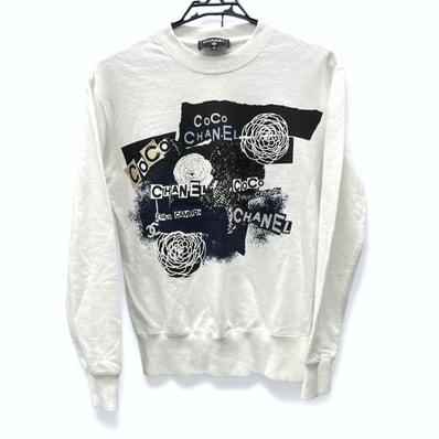 CHANEL 極美品 シャネル 20SS スパンコール カメリア スウェット P63298 K48933 ホワイト ブラック コットン 長袖 トレーナー トップス カットソー ココマーク #XS レディース Aランク 中古 鑑定済 シャネルスウェット